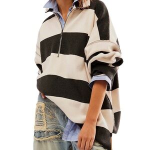Free People Coastal Stripe Pullover Oversized Quarter-Zip Shirt